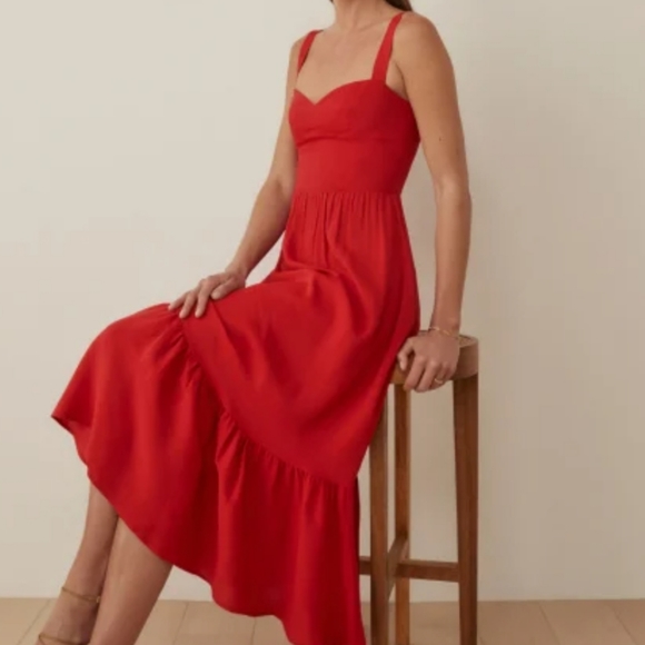 NWT Reformation Celestia dress cherry slim body fitting bodice midi 12 Red - Picture 7 of 7